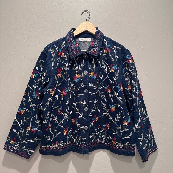 Industrie B Colorful Floral Embroidered Denim Jacket Size Large 100% Cotton - Picture 2 of 6